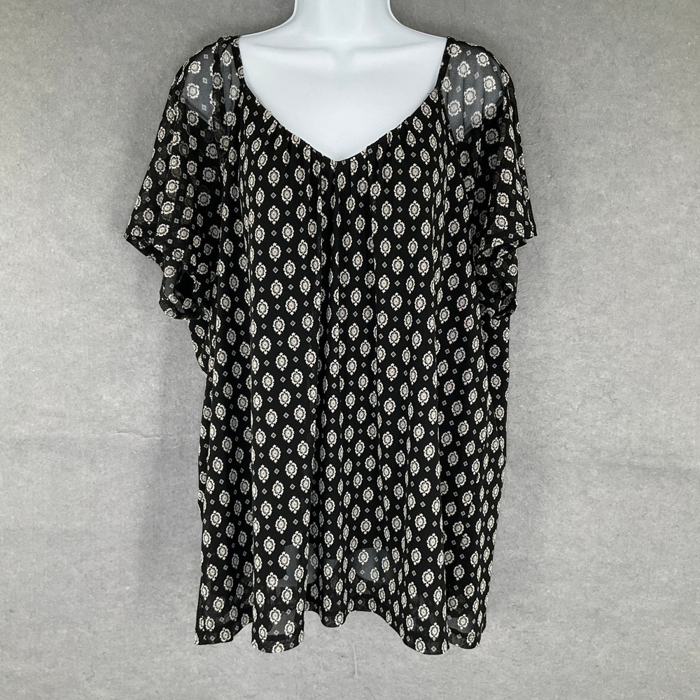 212 Collection Black Geometric Print Sheer Mesh Stretchy Kaftan Top Plus Sz 3X
